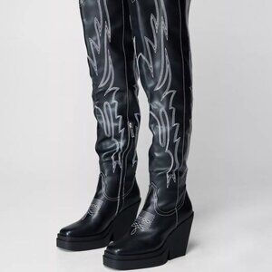 Cape Robbin Black Over the Knee Boots with Intricate Stitching